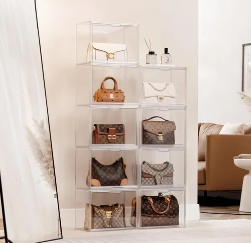 Miniatura 32 de HBlife Paquete de 3 organizadores de almacenamiento de bolsos para armario, caja de exhibición mediana transparente apilable con puerta magnética
