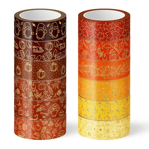 Miniatura 9 de Whaline Juego de 12 rollos de cinta washi con patrón de lámina dorada, cinta adhesiva con corazón, punto, raya arcoíris, juego de cintas decorativas