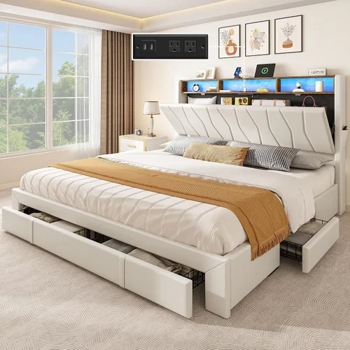 YITAHOME Base de cama tamaño King, marco de cama de almacenamiento con 4 cajones y luz LED, cama de plataforma con cabecera tapizada de Beige