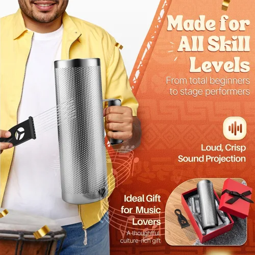 Miniatura 5 de Flexzion Güiro de Metal con Raspador Shack de 4" x 12" - Merengue Guira Dominicana - Instrumento Musical de Percusión de Mano de Cilindro Redondo
