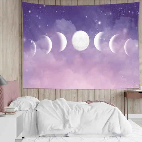 Miniatura 18 de HVEST Tapiz de fase lunar para colgar en la pared, cielo morado con nubes, estrellas, decoración de pared celestial, paisaje natural, decoración