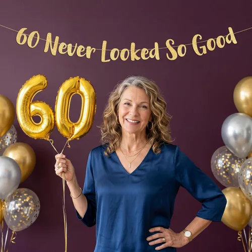 Miniatura 2 de Pancarta dorada con purpurina de 60 años preencordados con la frase "Never Looked So Good" – Decoraciones de cumpleaños 60 y aniversario para Dorado