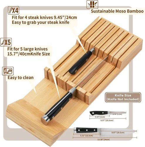 Miniatura 4 de Utoplike Organizador de cajón para cuchillos Bloque de cuchillos de bambú para cocina, Soporte para bistecs de mango grande, Apto para 9 cuchillos