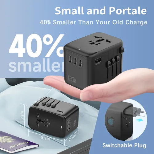 Miniatura 5 de Adaptador de viaje internacional de 120 W, adaptador de corriente mundial 4USB-C y 1USB-A, cargador rápido GaN con enchufes de Reino Unido UE AU EE.