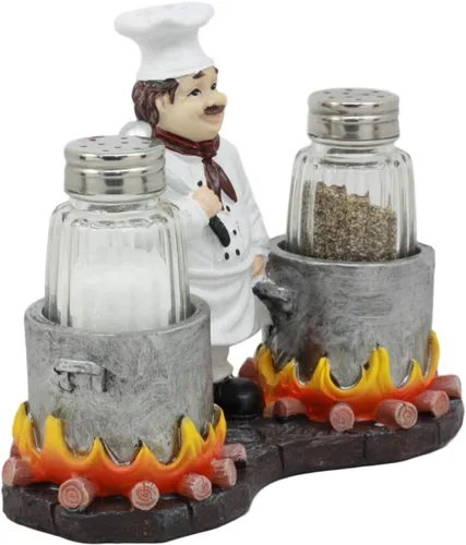 Miniatura 2 de Ebros Bouillon - Jean de chef francés con caldero doble llameante, salero y pimentero, figurita para cocina, mesa de comedor, anfitrión, accesorios