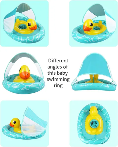 Miniatura 2 de Flotador doble para piscina para bebé con asiento de seguridad ajustable, toldo UPF 50+ extraíble solar, flotador inflable estilo animal, flotador