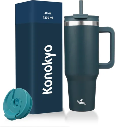 Miniatura 28 de Konokyo - Vaso de 40 onzas con asa y 2 pajillas, botella de agua aislada 2 en 1 con tapa. Taza de viaje de acero inoxidable para café, flores