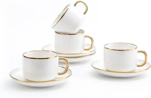 Agyiuns Tazas de té y platillos con borde dorado, juego de té de porcelana blanca de 6.76 onzas y tazas de café para latte, café moca, juego de té