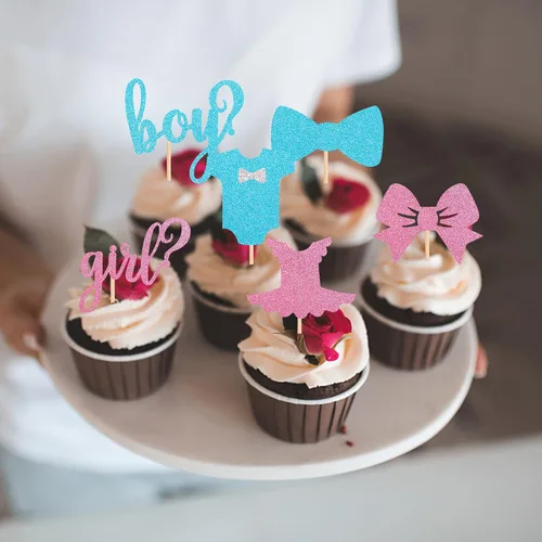 Miniatura 5 de Paquete de 24 adornos para cupcakes para niños o niñas, con purpurina rosa y azul, palillos para cupcakes de baby shower, corbatín, mameluco, mono