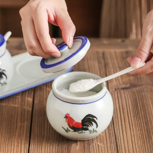 Miniatura 5 de Tarros de especias retro de cerámica para condimentos, sal y glutamato monosódico, tarro de condimento para cocina casera con tapa, cuchara, aceite