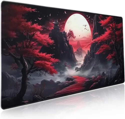 Miniatura 73 de Alfombrilla de ratón rosa y verde anime geométrica japonesa extendida para escritorio 90X40 CM, base de goma antideslizante, borde cosido