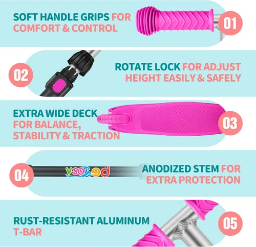 Miniatura 6 de BELEEV Patinete A1 para niños de 2 a 6 años, patinete de 3 ruedas para niños pequeños, niñas y niños, ruedas que se iluminan, altura ajustable, Rosa