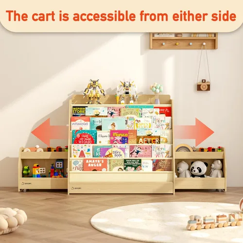 Miniatura 3 de FKWin Estantería infantil 2 en 1 y almacenamiento de juguetes de 5 niveles con carrito rodante, almacenamiento oculto para guardería, sala