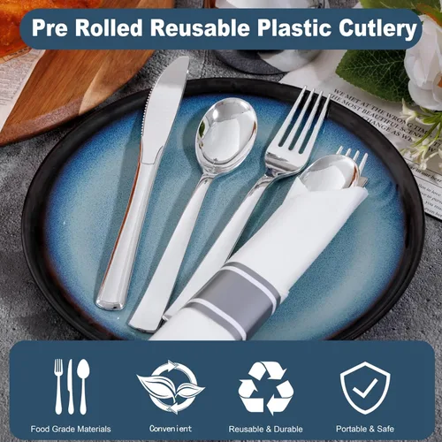 Miniatura 6 de 400 piezas de cubiertos de plástico plateado preenrollados - Cubiertos de plata resistentes - Incluye 100 paquetes de utensilios desechables Plata