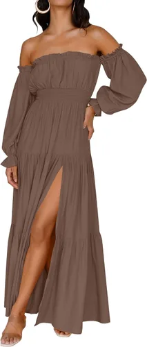 Miniatura 144 de ZESICA - Vestido largo, bohemio y sexy, con hombros descubiertos y manga larga fruncida, con elástico fruncido, cintura alta y abertura lateral