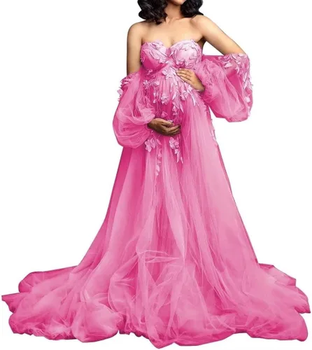 FONGYUSHUN Vestido de maternidad de tul con apliques para sesión de fotos, manga larga hinchada, lencería nupcial, vestido de embarazo, vestido de