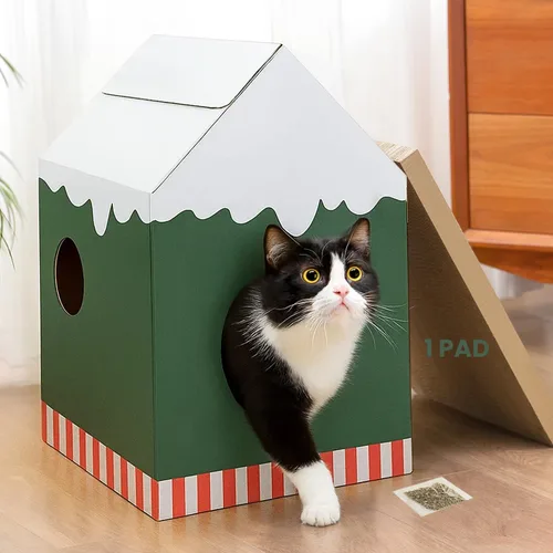 Miniatura 13 de Conlun Casa de cartón para gatos con almohadilla para rascar y hierba gatera, casa rascador para juegos de gatos para muebles de interior, rascador