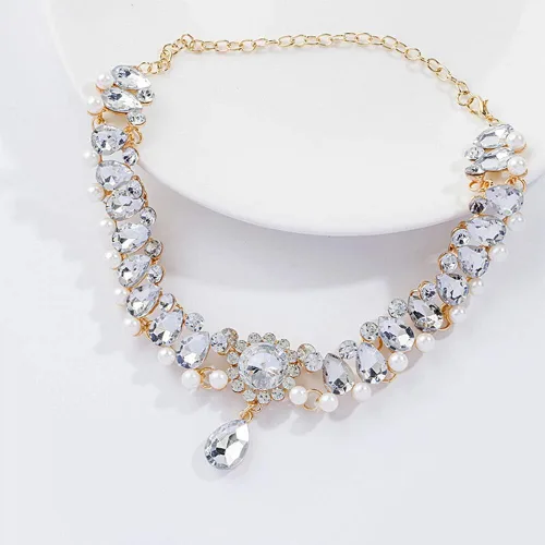 Miniatura 2 de Chmier Bohemia Rhinestone Choker Crystal Necklace Pearl Choker Wedding Jewelry Bridal Necklace Diamond Pendant Choker for Women and Girls