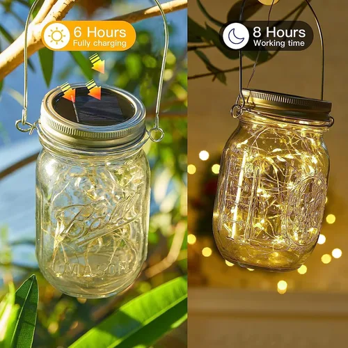 Miniatura 3 de Paquete de 2 tapas de luz solar para tarros de masón Luces solares impermeables con luces de hadas blancas cálidas, encendido/apagado automático