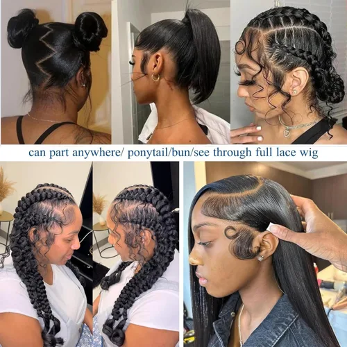 Miniatura 2 de Pelucas de cabello humano de encaje completo HD transparente con encaje prearrancado con abuelitos, hecha a mano, peluca frontal de encaje completo