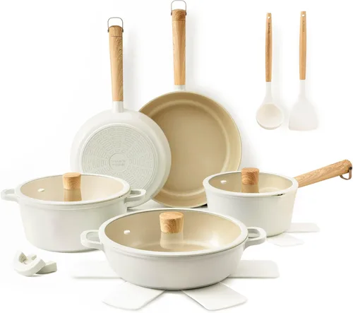 SENSARTE - Juego de utensilios de cocina de cerámica antiadherente, ollas y sartenes no tóxicas y saludables, juego de cocina recubierto de Crema