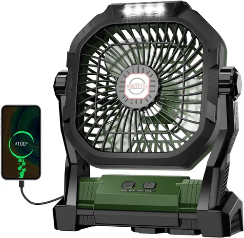 Miniatura 10 de Ventilador de camping recargable, ventilador portátil con batería de 20000 mAh con luz LED y gancho, 4 velocidades ajustables a 270°, esenciales