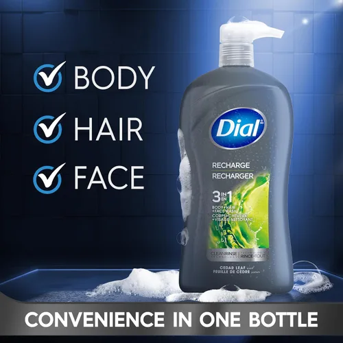Miniatura 4 de Dial Men 3 en 1 Gel para Cuerpo, Cabello y Cara, Recarga, 32 fl oz, Aroma a Hojas de Cedro, Limpia Profunda y Suavemente la Piel con Tecnología