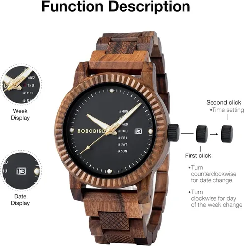 Miniatura 9 de BOBO BIRD Reloj de madera para hombre, analógico, de cuarzo, con pantalla de semana, ligero, hecho a mano, para hombre