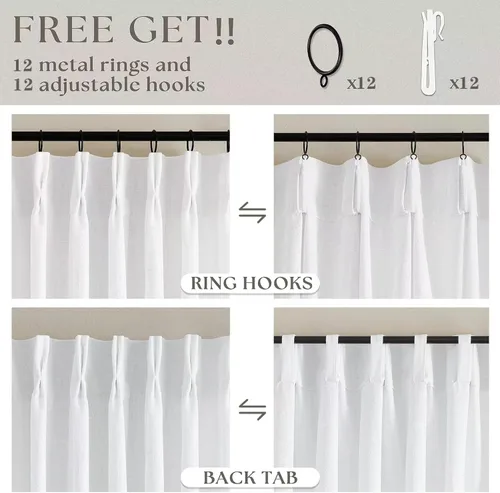 Miniatura 18 de Cortinas de lino natural con pliegues fruncidos de 120 pulgadas de largo para sala de estar, cortinas plisadas con ganchos y lengüeta trasera