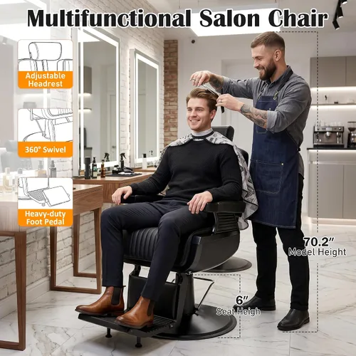 Miniatura 8 de Hydraulic Barber Chair All Black, 550LBS Heavy Duty Barbershop Chair, Adjustable Reclining Salon Chair, Professional Hair Stylist Chair for