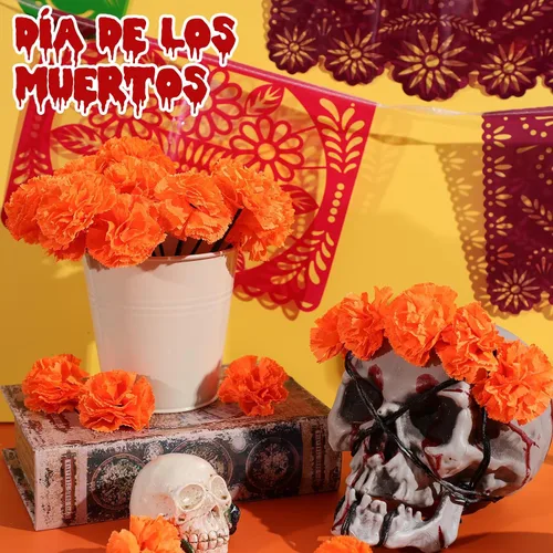 Miniatura 4 de Cartel de fiesta mexicana de Halloween, 124 unidades, papel picado, Día de los Muertos, banderines de fiesta, Día de los Muertos, flores muertas