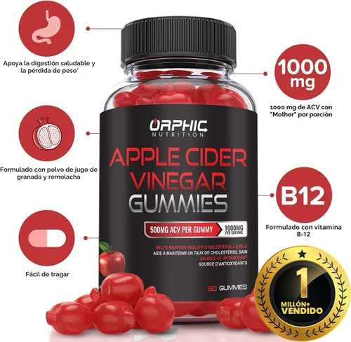 Miniatura 2 de ORPHIC NUTRITION Gomitas de vinagre de sidra de manzana de 1000 mg - ACV sin filtrar con vitamina B12, remolacha y granada (60 piezas)