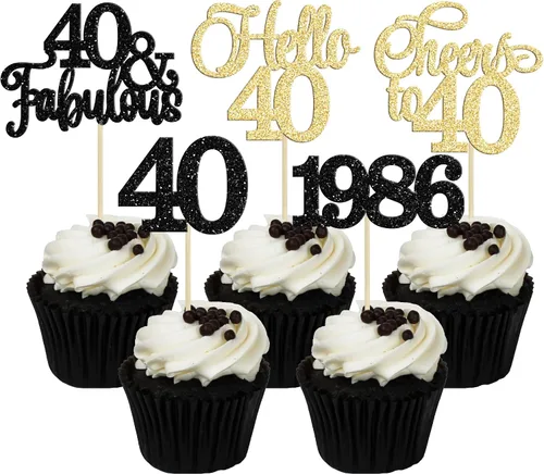 Miniatura 57 de Gyufise Paquete de 24 adornos negros para cupcakes de 10.º cumpleaños con purpurina negra 10 Ten Hello 10 Dights dobles desde 2015 para decoraciones
