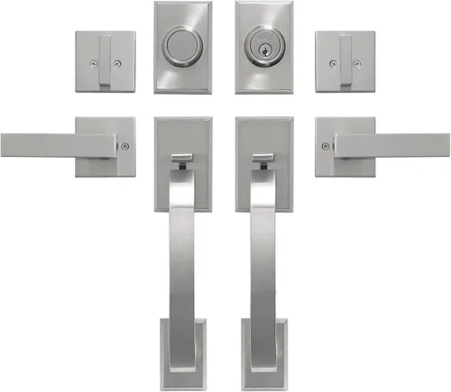 Miniatura 15 de Juego de manijas de puerta delantera, juego de manijas de níquel satinado con cerrojo para puerta u oficina