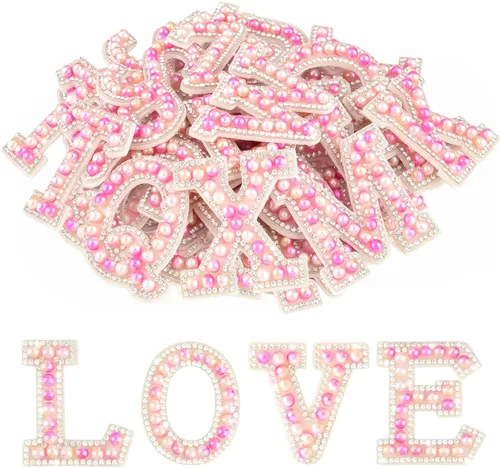 Miniatura 12 de Morcheiong 52 piezas de parches de letras de perlas con strass autoadhesivos A-Z, parches de letras de perlas para pegar en ropa, tela, mochila