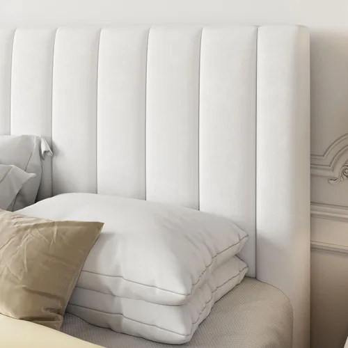 Miniatura 4 de Allewie - Base de cama tamaño Full con cabecera acolchada tapizada en terciopelo y diseño acanalado vertical; plataforma de cama con resistentes