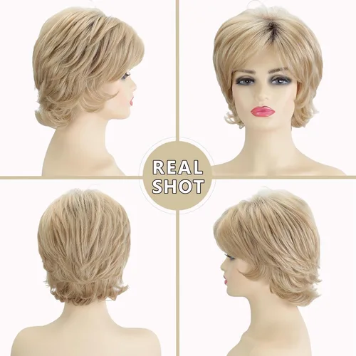 Miniatura 2 de TISHINING Pelucas Rizadas Cortas de Corte Pixie Ombre Rubias para Mujeres Blancas Peluca Rubia Mixta Esponjosa en Capas con Flequillo de Aspecto