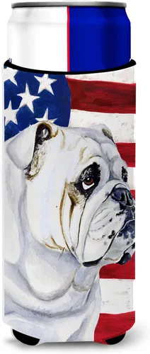 Caroline's Treasures LH9019MUK - Bandera estadounidense con Bulldog Inglés Ultra Hugger para latas delgadas, lata delgada, multicolor
