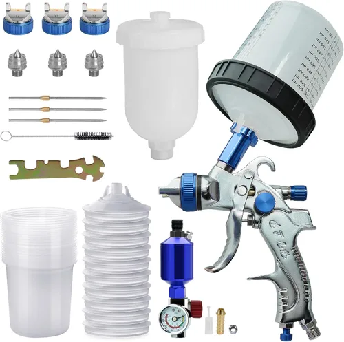 Pistola de pulverización HVLP con 10 tazas desechables de pintura de 600ML, 3 boquillas, 1.4/1.7/2.0mm, kit de pistola de pintura de alimentación