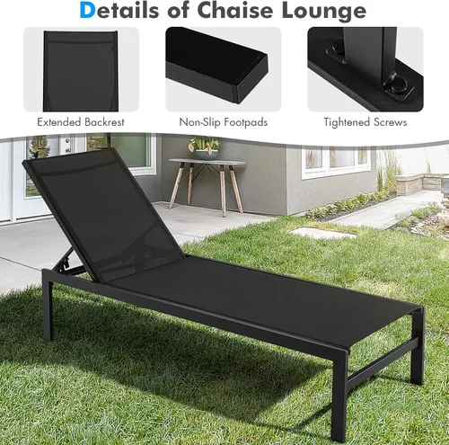 Miniatura 8 de Tangkula Tumbona de aluminio para patio, sillón ajustable para exteriores con respaldo de 6 posiciones, marco de aluminio resistente, tela Negro