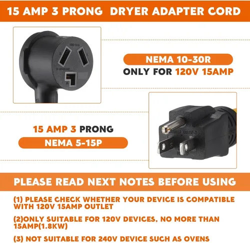 Miniatura 3 de Kanayu Cable adaptador de secadora NEMA 5-15P a 10-30R 15 amperios 1 pie NEMA 5-15P macho a 10-30R hembra adaptador de corriente 15 amperios 3