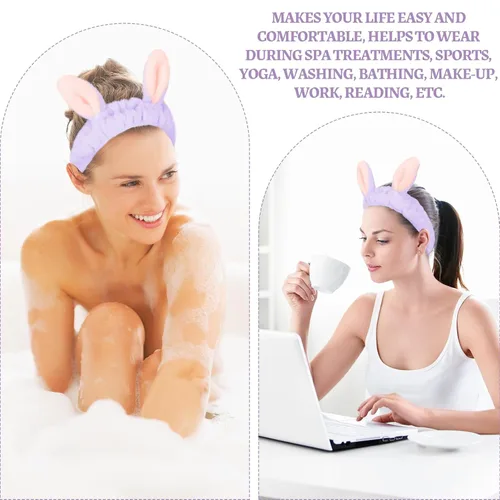 Miniatura 7 de Jowmoy Bonita diadema de orejas de conejo, diseño de ojo de rana, elástica para lavar la cara, para mujeres, maquillaje, ducha, spa. Q-Orejas