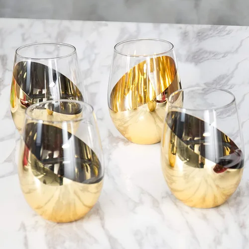 Miniatura 9 de MyGift Juego de 4 copas de vino sin tallo - Barware moderno con acento en cobre, elegantes copas para bodas y celebraciones con acabado metálico