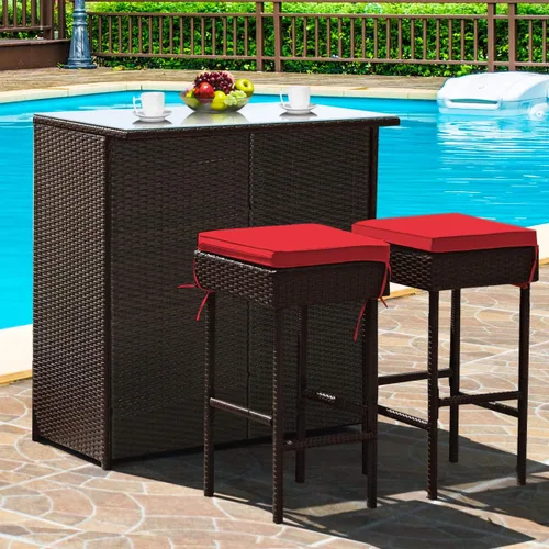 Miniatura 18 de Tangkula - Juego de barra para patio, 3 piezas de mimbre para exteriores, con 2 taburetes con cojines y mesa con cubierta de cristal, color gris