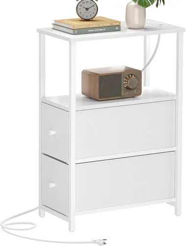 Miniatura 24 de TUTOTAK - Mesa auxiliar pequeña y estrecha con estación de carga; mesa de lado con tomas de corriente; mesita de noche con 2 cajones de tela; mesa