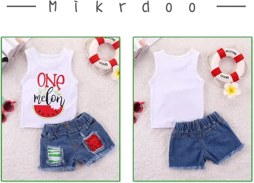Miniatura 4 de Mikrdoo Ropa para bebé niña pequeña, trajes de verano camisas, tops rasgados pantalones cortos de mezclilla conjunto de ropa para niña pequeña