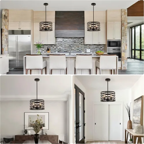 Miniatura 4 de Candelabros de granja para comedor, iluminación colgante de 3 luces para isla de cocina, tambor negro, lámpara rústica para colgar en el techo