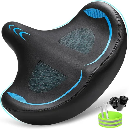 Miniatura 12 de CDYWD Asiento de bicicleta de gran tamaño para hombres y mujeres, cojín de asiento de bicicleta extra ancho, cómodo acolchado de ala, sillín