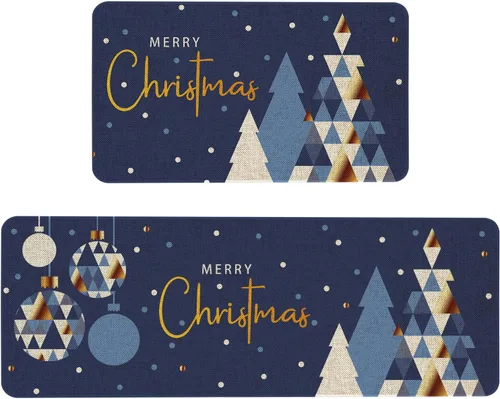 Miniatura 10 de Mloabuc Juego de 2 tapetes de cocina con texto en inglés "Merry Christmas", antifatiga, impermeables, resistentes a las manchas, color azul, Navidad