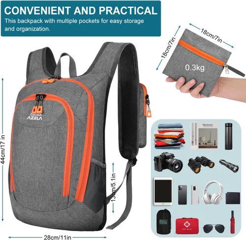 Miniatura 4 de Esup Mochila de senderismo pequeña de 15 L plegable y ligera mochila de viaje para acampar para mujeres y hombres (gris)